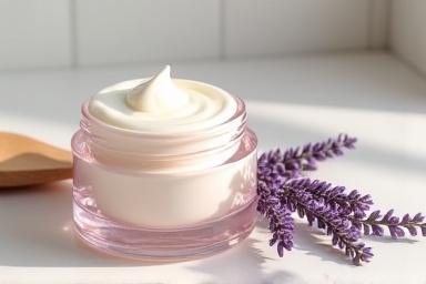 ラベンダーの小枝が添えられた天然保湿クリーム